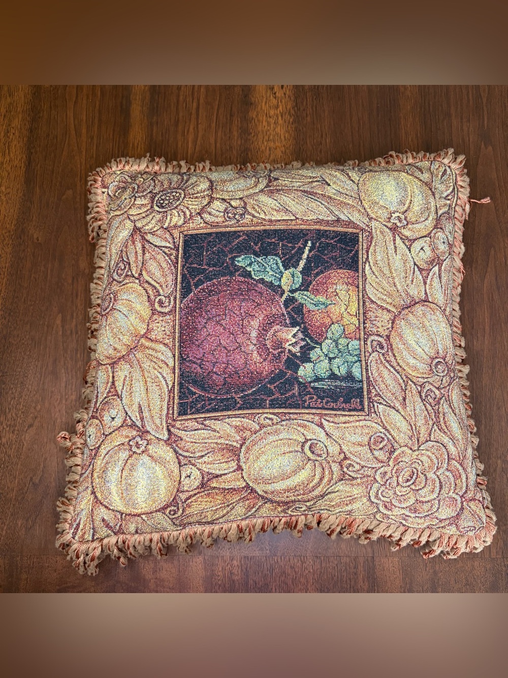 Vtg Riddle Home Tapestry Fruit Throw Pillow  Fringes Woven Pat Campbell Weavetec